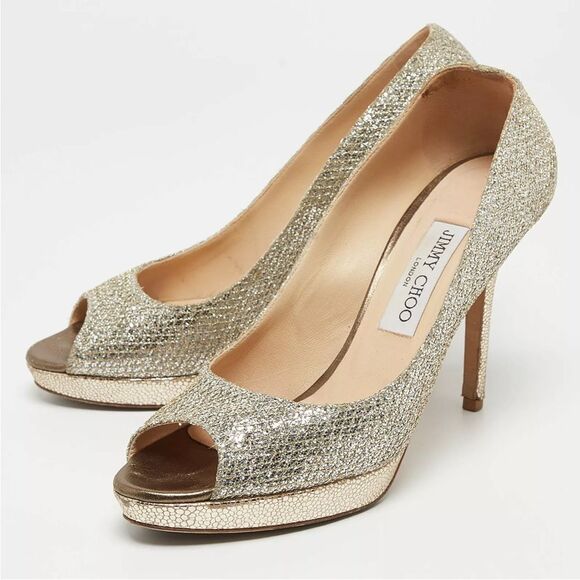 Jimmy Choo Authentic Glitter Fabric Champagne Stiletto Peep Toe Platform… - Picture 1 of 13